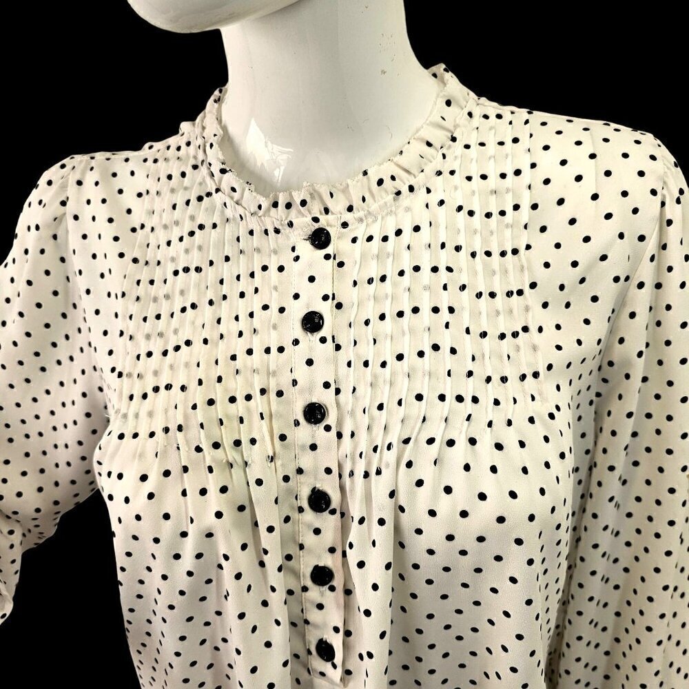 Jasmine & Juliana Long Slv White Black Polka Dot Blouse Sz L 1/2 Btn Ruffle Neck